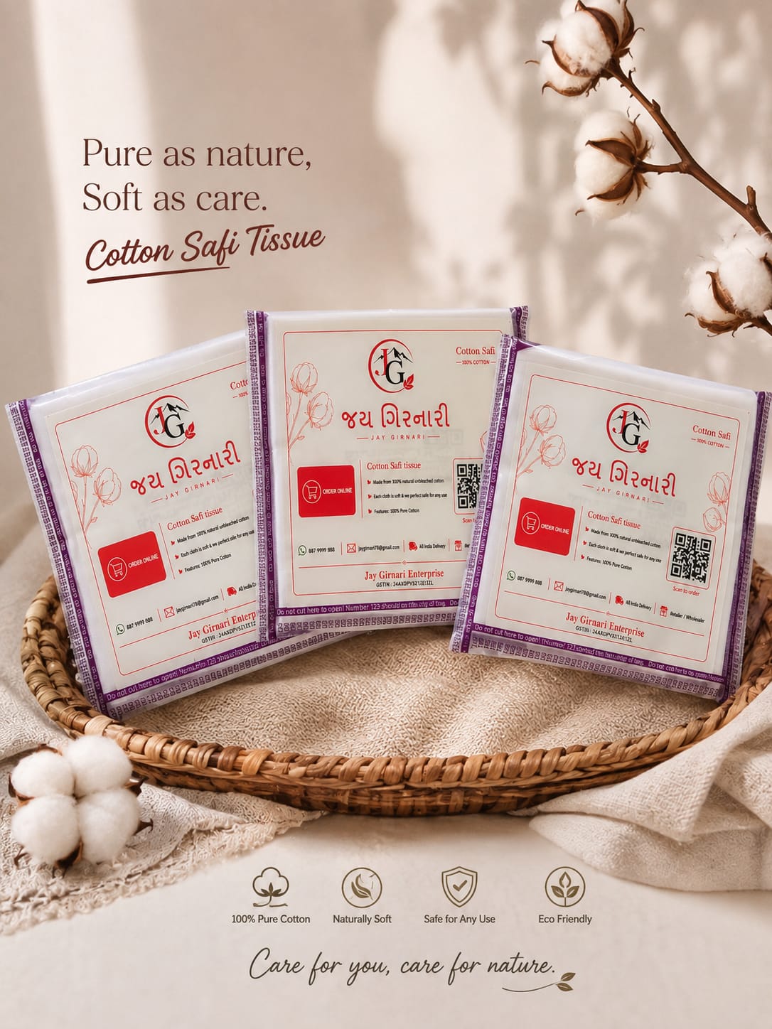 Three packets of Cotton Safi Tissue in a woven basket