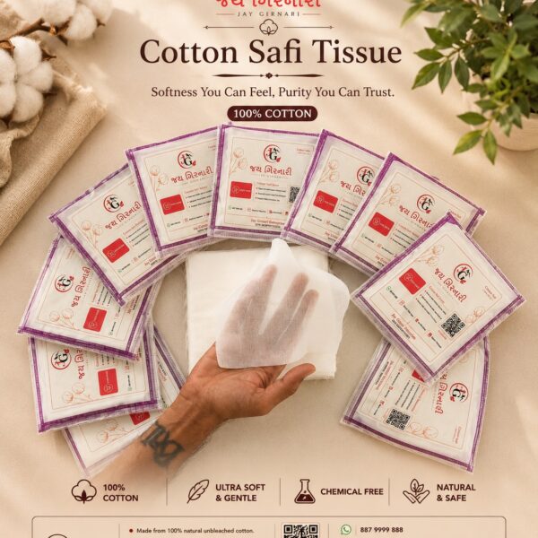 Several packets of Cotton Safi Tissue fanned out with a hand holding one tissue